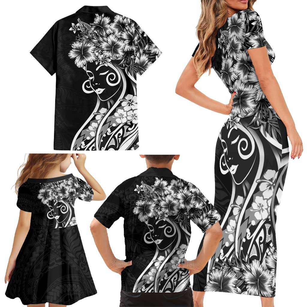 Polynesian Women's Day Family Matching Short Sleeve Bodycon Dress and Hawaiian Shirt Black Hibiscus Flowers With Polynesian Pattern