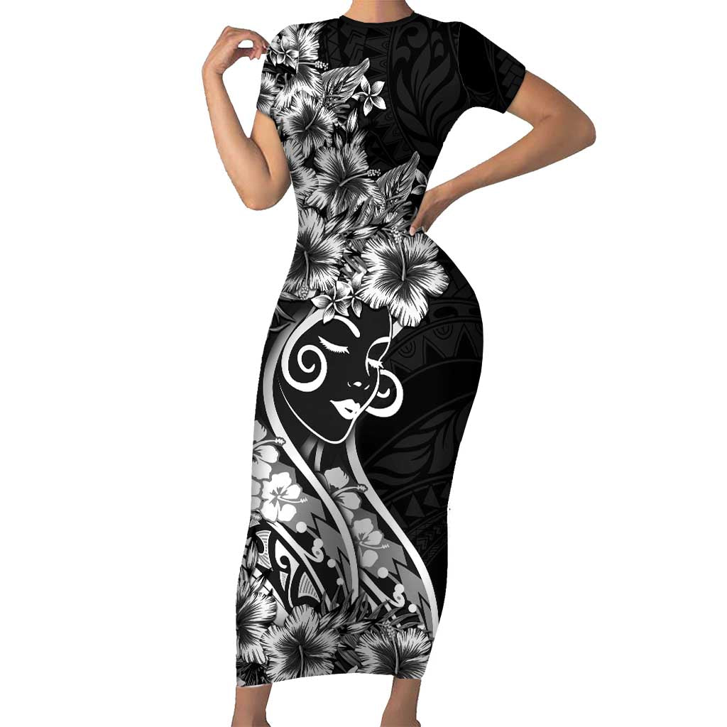Polynesian Women's Day Family Matching Short Sleeve Bodycon Dress and Hawaiian Shirt Black Hibiscus Flowers With Polynesian Pattern