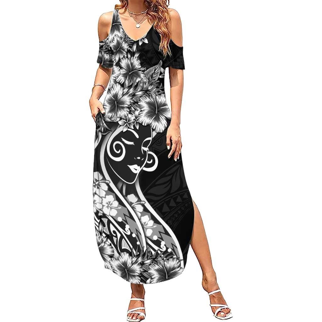 Polynesian Women's Day Family Matching Summer Maxi Dress and Hawaiian Shirt Black Hibiscus Flowers With Polynesian Pattern LT05 Mom's Dress Black - Polynesian Pride