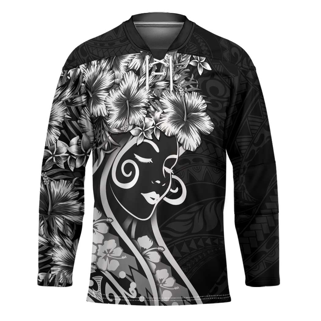 Polynesian Women's Day Hockey Jersey Black Hibiscus Flowers With Polynesian Pattern LT05 Unisex Black - Polynesian Pride