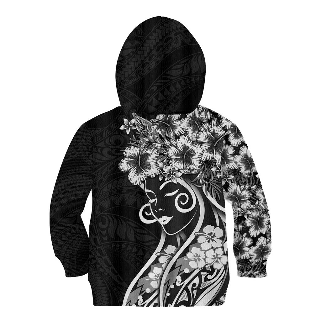Polynesian Women's Day Kid Hoodie Black Hibiscus Flowers With Polynesian Pattern