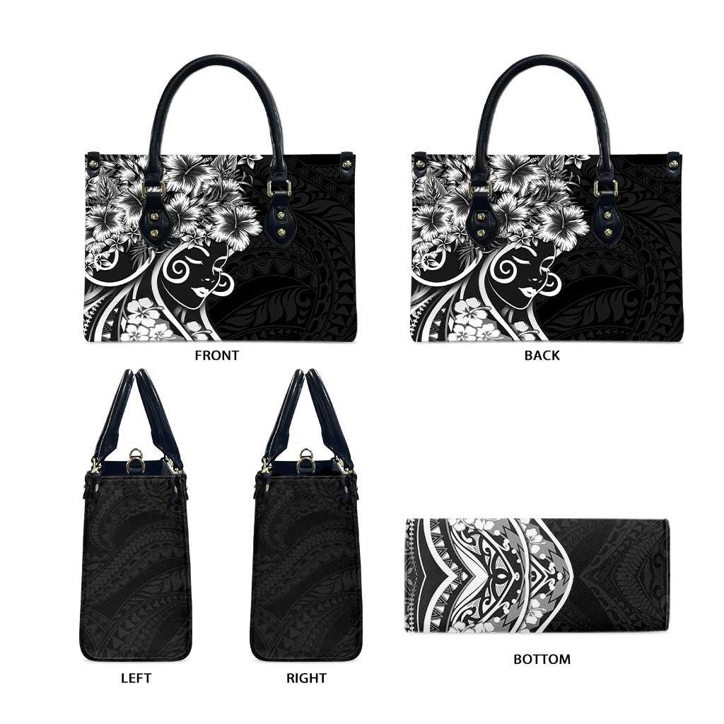 Polynesian Women's Day Leather Bag Black Hibiscus Flowers With Polynesian Pattern LT05 - Polynesian Pride
