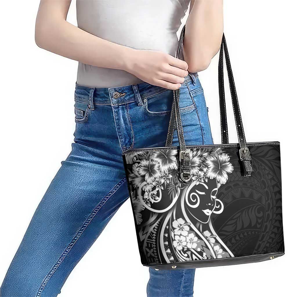Polynesian Women's Day Leather Tote Bag Black Hibiscus Flowers With Polynesian Pattern