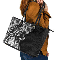 Polynesian Women's Day Leather Tote Bag Black Hibiscus Flowers With Polynesian Pattern