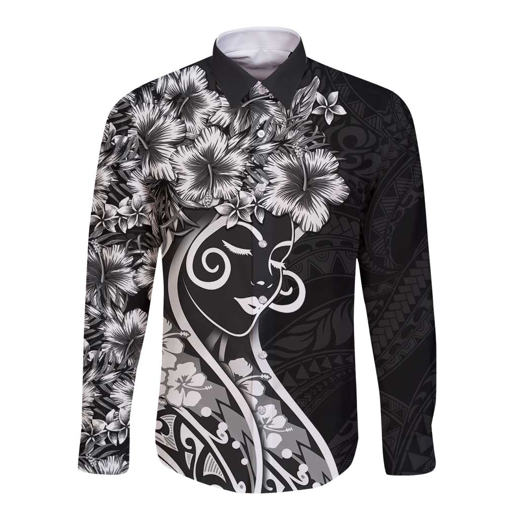 Polynesian Women's Day Long Sleeve Button Shirt Black Hibiscus Flowers With Polynesian Pattern