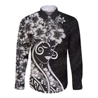 Polynesian Women's Day Long Sleeve Button Shirt Black Hibiscus Flowers With Polynesian Pattern