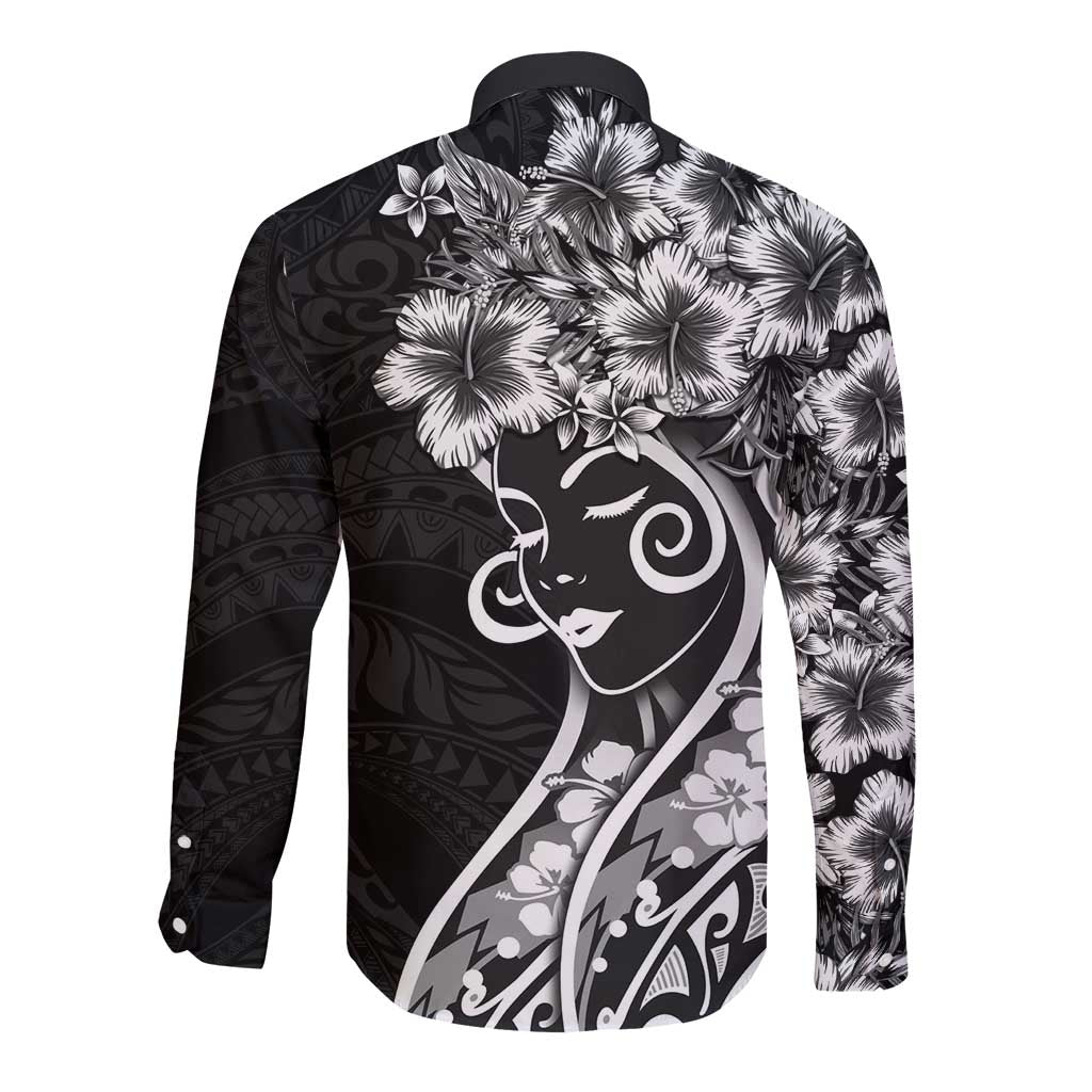 Polynesian Women's Day Long Sleeve Button Shirt Black Hibiscus Flowers With Polynesian Pattern