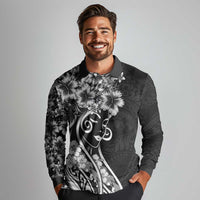Polynesian Women's Day Long Sleeve Polo Shirt Black Hibiscus Flowers With Polynesian Pattern