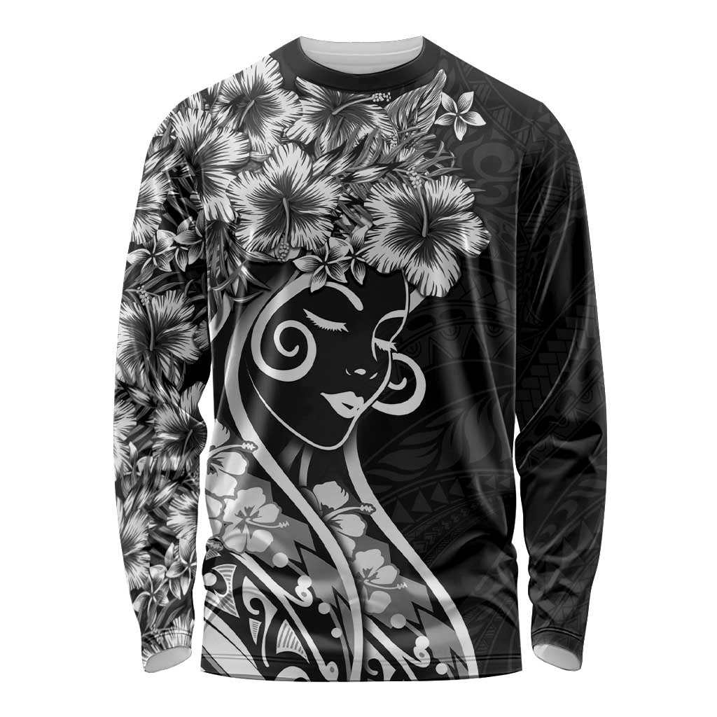 Polynesian Women's Day Long Sleeve Shirt Black Hibiscus Flowers With Polynesian Pattern