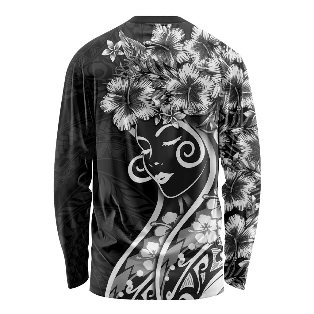 Polynesian Women's Day Long Sleeve Shirt Black Hibiscus Flowers With Polynesian Pattern