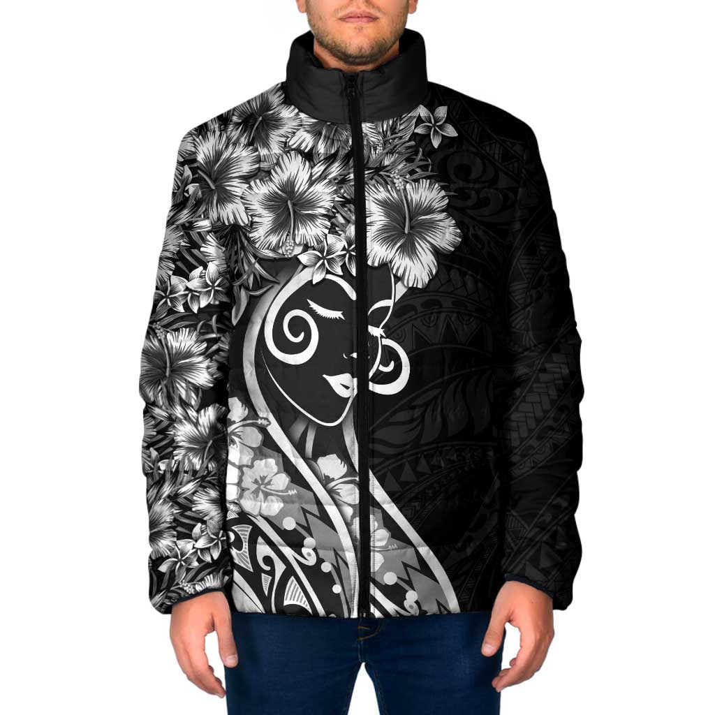 Polynesian Women's Day Padded Jacket Black Hibiscus Flowers With Polynesian Pattern