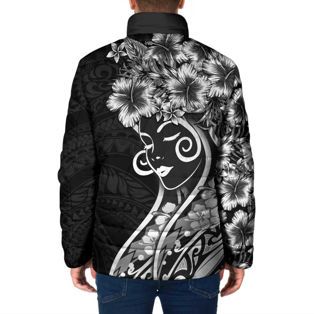 Polynesian Women's Day Padded Jacket Black Hibiscus Flowers With Polynesian Pattern