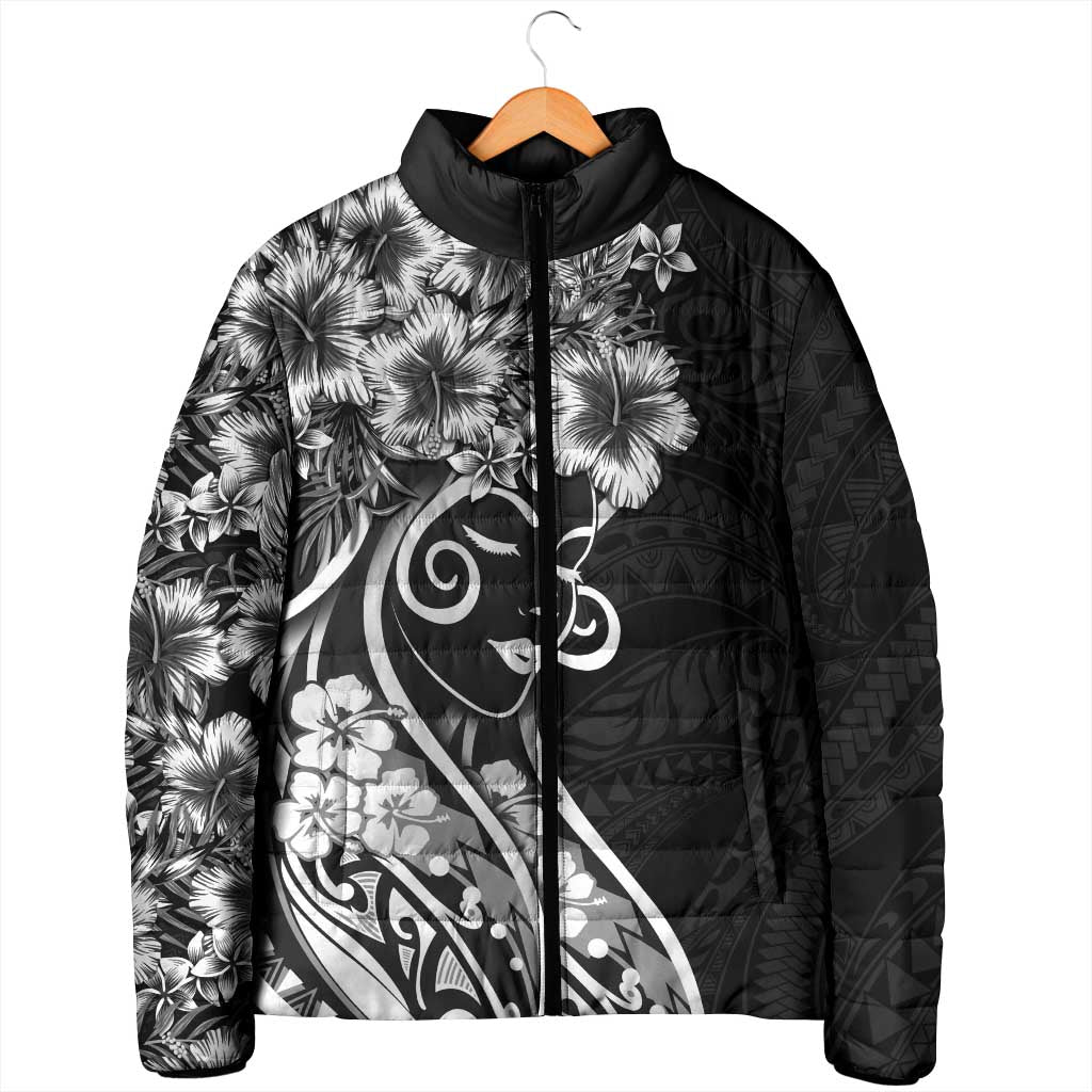Polynesian Women's Day Padded Jacket Black Hibiscus Flowers With Polynesian Pattern