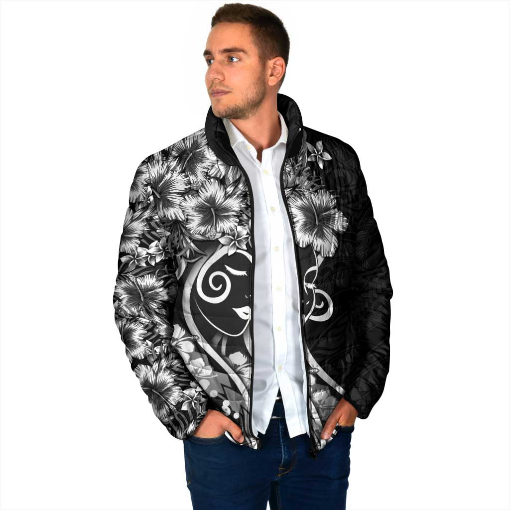 Polynesian Women's Day Padded Jacket Black Hibiscus Flowers With Polynesian Pattern