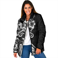 Polynesian Women's Day Padded Jacket Black Hibiscus Flowers With Polynesian Pattern