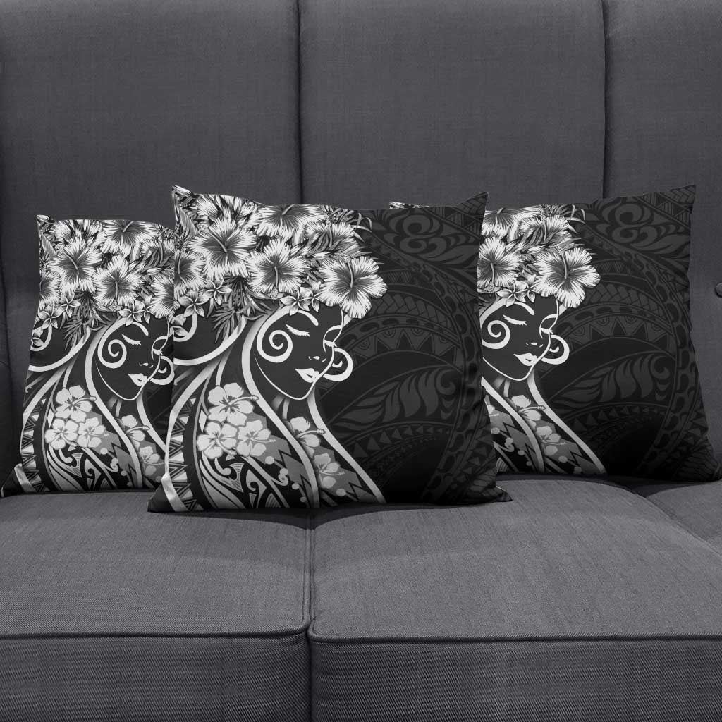 Polynesian Women's Day Pillow Cover Black Hibiscus Flowers With Polynesian Pattern