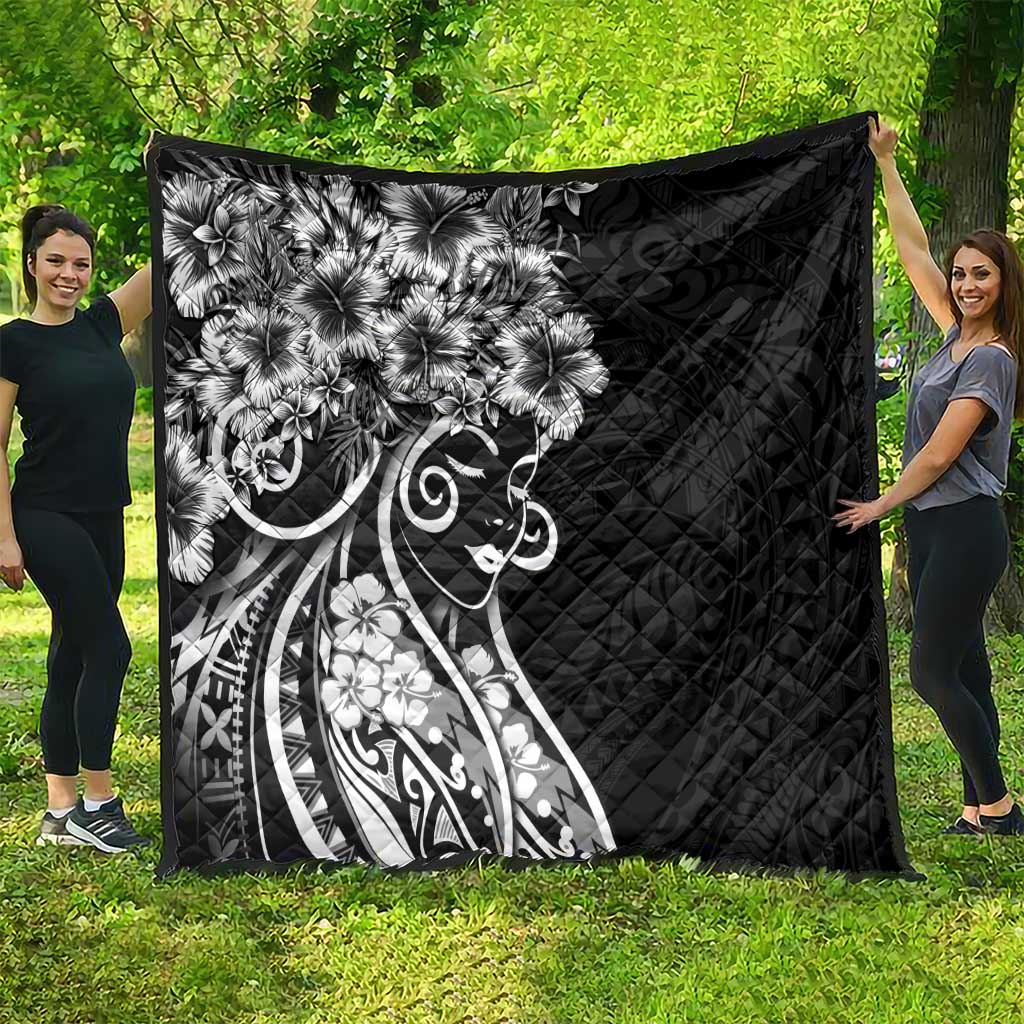 Polynesian Women's Day Quilt Black Hibiscus Flowers With Polynesian Pattern