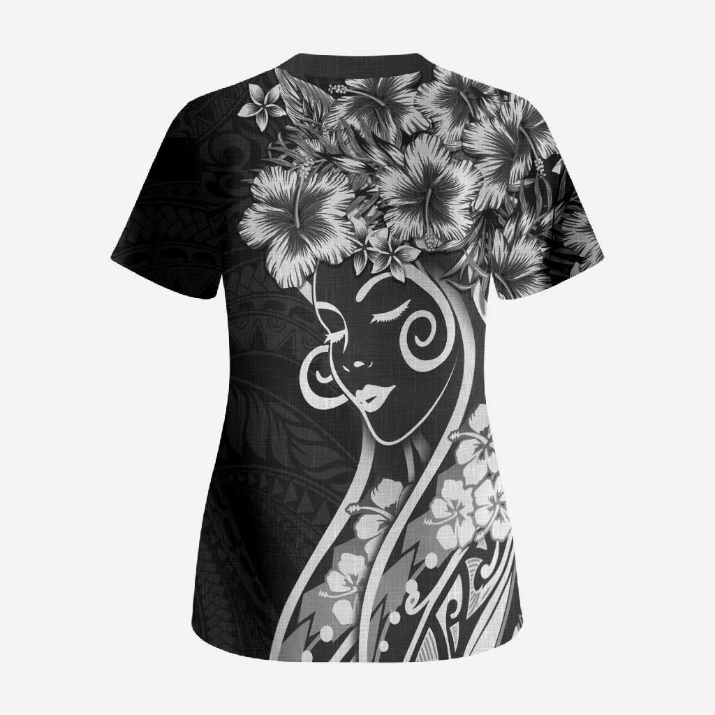 Polynesian Women's Day Scrub Top Black Hibiscus Flowers With Polynesian Pattern