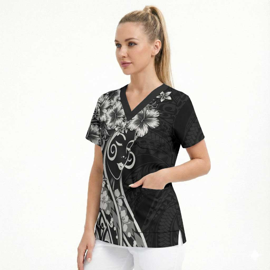 Polynesian Women's Day Scrub Top Black Hibiscus Flowers With Polynesian Pattern