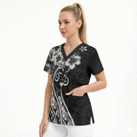 Polynesian Women's Day Scrub Top Black Hibiscus Flowers With Polynesian Pattern