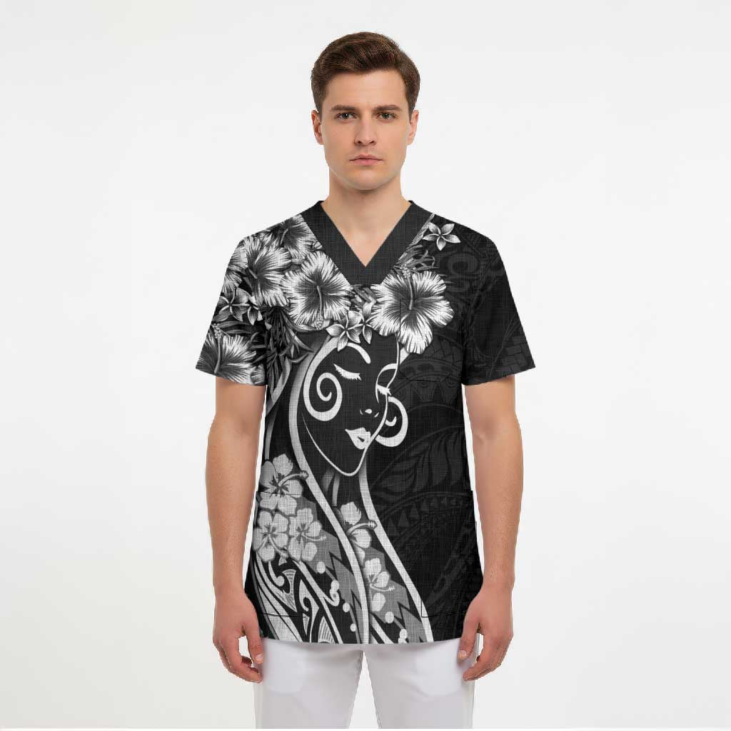 Polynesian Women's Day Scrub Top Black Hibiscus Flowers With Polynesian Pattern
