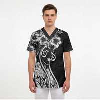 Polynesian Women's Day Scrub Top Black Hibiscus Flowers With Polynesian Pattern