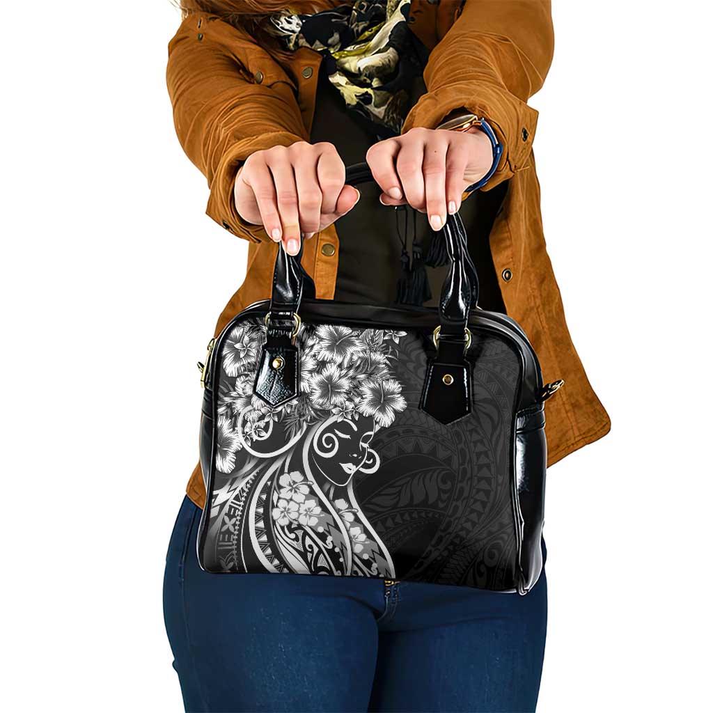 Polynesian Women's Day Shoulder Handbag Black Hibiscus Flowers With Polynesian Pattern