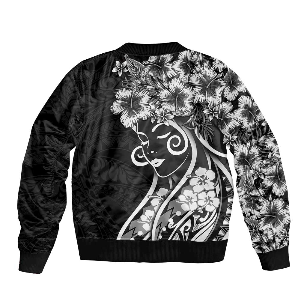 Polynesian Women's Day Sleeve Zip Bomber Jacket Black Hibiscus Flowers With Polynesian Pattern