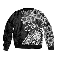 Polynesian Women's Day Sleeve Zip Bomber Jacket Black Hibiscus Flowers With Polynesian Pattern