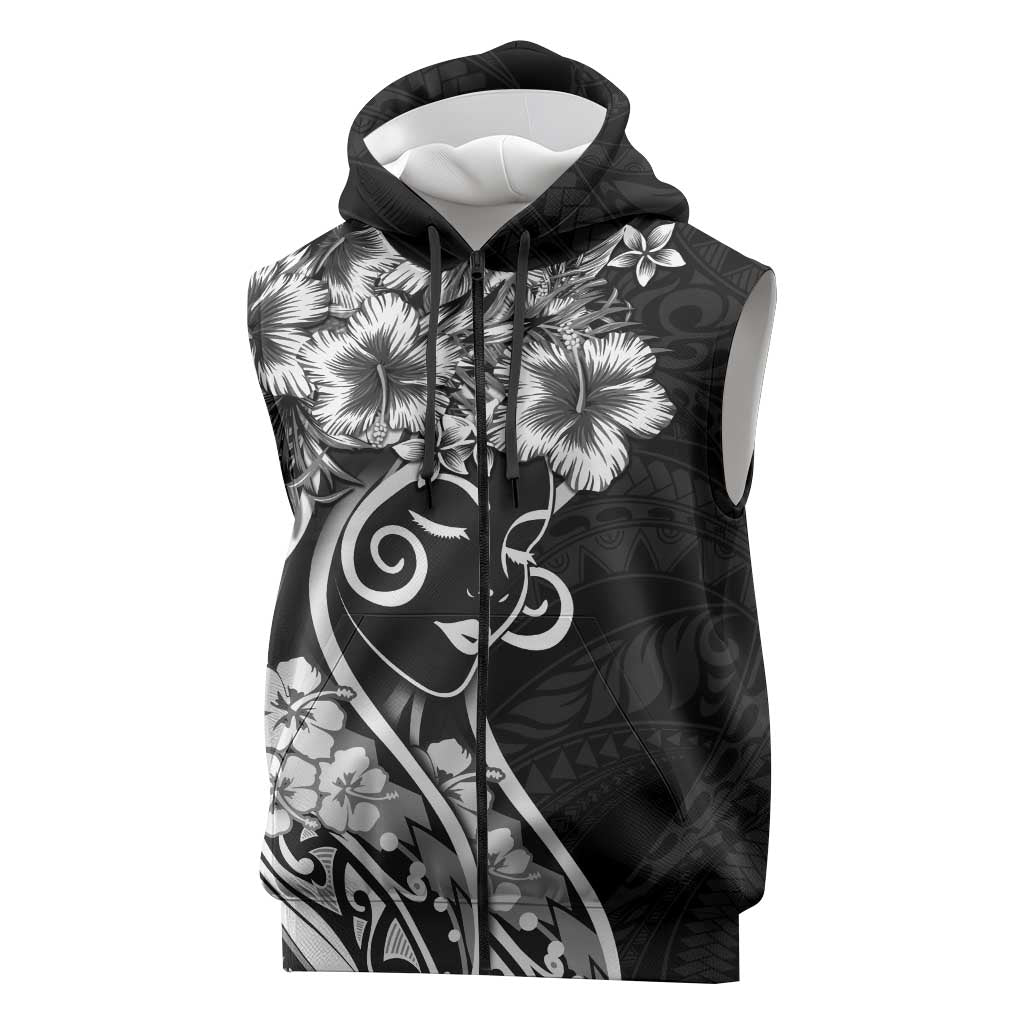 Polynesian Women's Day Sleeveless Zip Hoodie Black Hibiscus Flowers With Polynesian Pattern