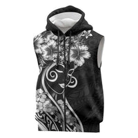 Polynesian Women's Day Sleeveless Zip Hoodie Black Hibiscus Flowers With Polynesian Pattern