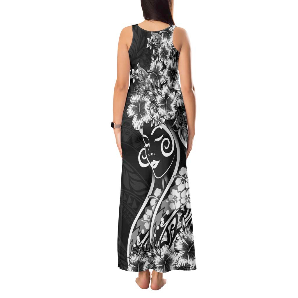 Polynesian Women's Day Tank Maxi Dress Black Hibiscus Flowers With Polynesian Pattern