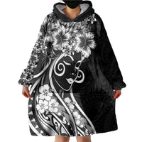 Polynesian Women's Day Wearable Blanket Hoodie Black Hibiscus Flowers With Polynesian Pattern