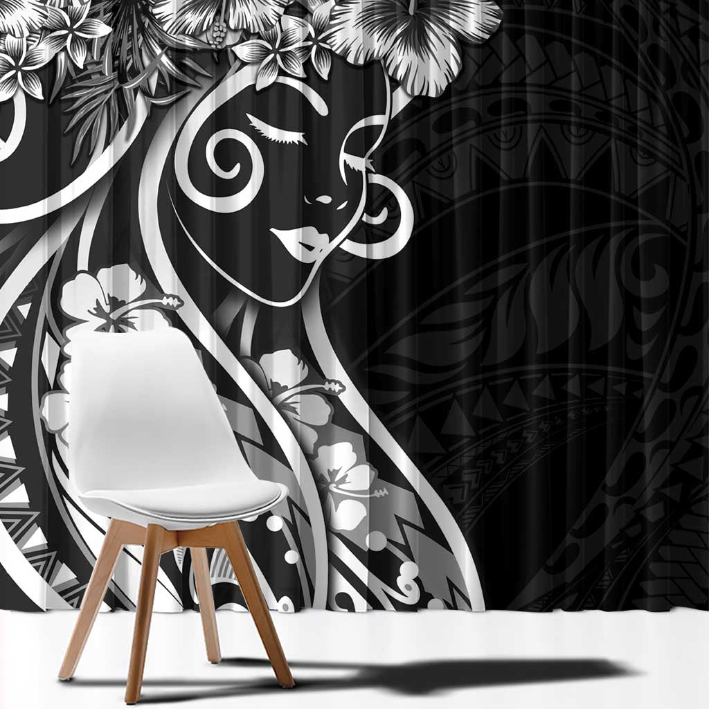 Polynesian Women's Day Window Curtain Black Hibiscus Flowers With Polynesian Pattern