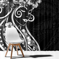 Polynesian Women's Day Window Curtain Black Hibiscus Flowers With Polynesian Pattern