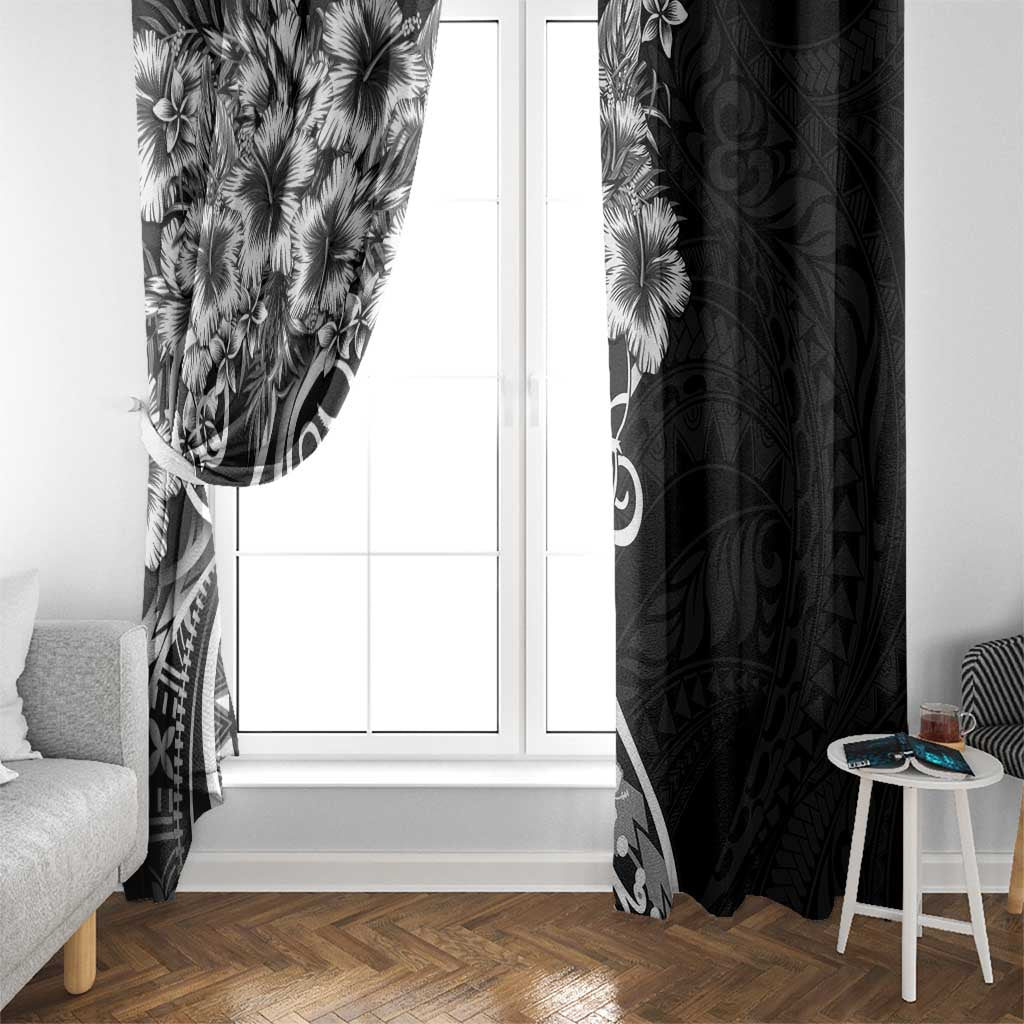 Polynesian Women's Day Window Curtain Black Hibiscus Flowers With Polynesian Pattern