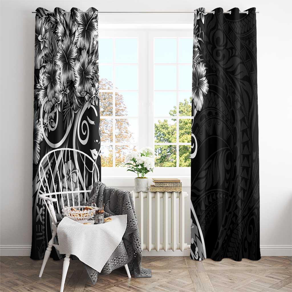Polynesian Women's Day Window Curtain Black Hibiscus Flowers With Polynesian Pattern