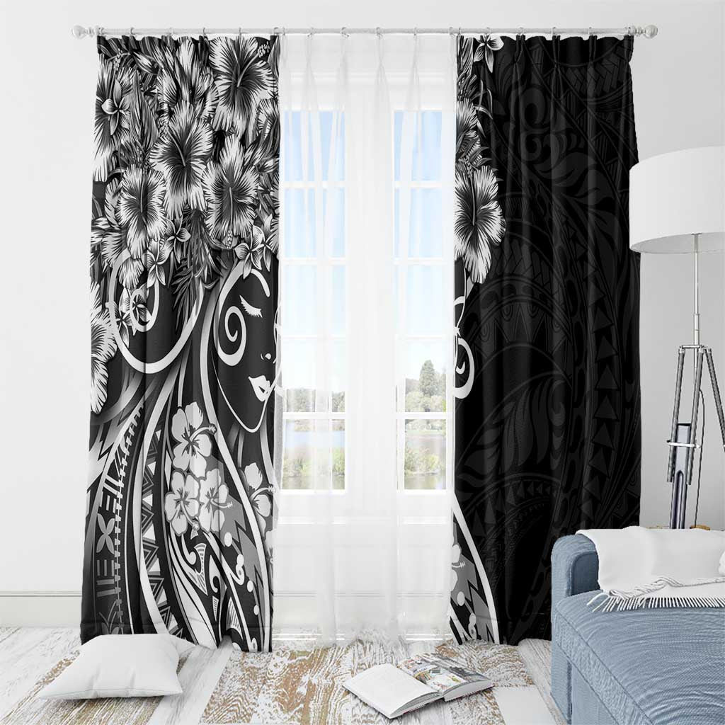 Polynesian Women's Day Window Curtain Black Hibiscus Flowers With Polynesian Pattern