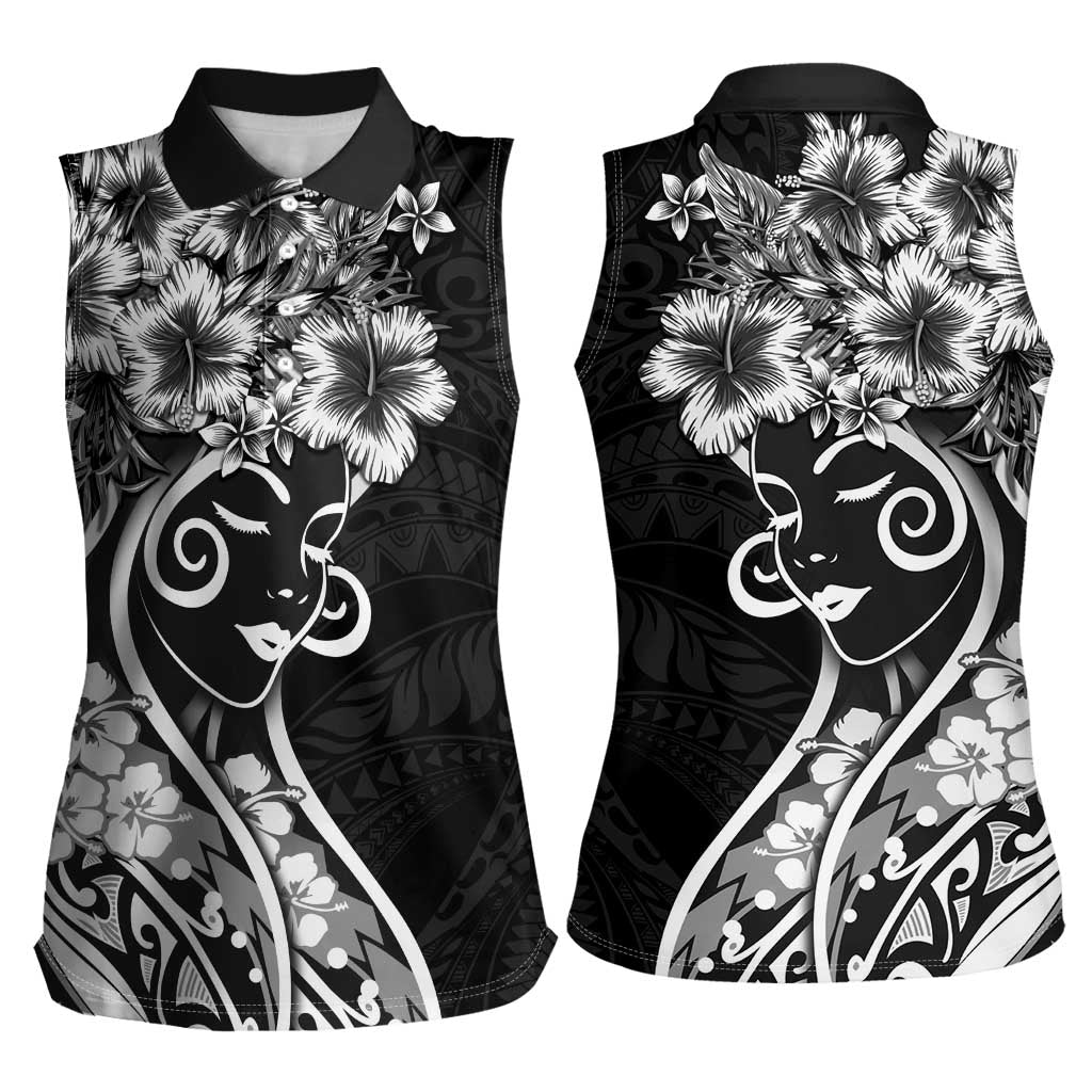 Polynesian Women's Day Women Sleeveless Polo Shirt Black Hibiscus Flowers With Polynesian Pattern