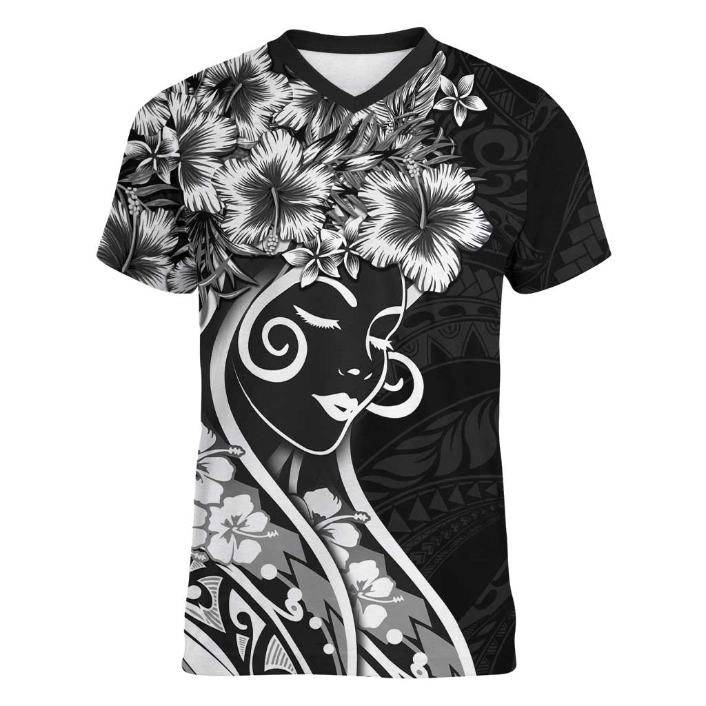 Polynesian Women's Day Women V-Neck T-Shirt Black Hibiscus Flowers With Polynesian Pattern