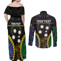 Personalised South Sea Islanders And Gilbert Islands Couples Matching Off Shoulder Maxi Dress and Long Sleeve Button Shirt Kanakas Polynesian Pattern