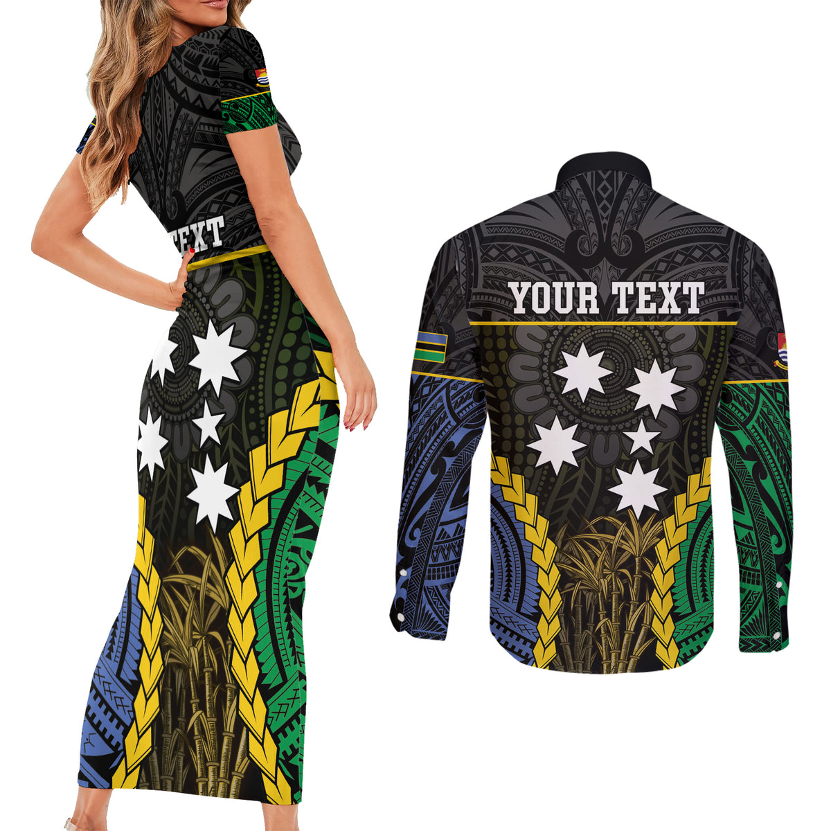 Personalised South Sea Islanders And Gilbert Islands Couples Matching Short Sleeve Bodycon Dress and Long Sleeve Button Shirt Kanakas Polynesian Pattern LT05 - Polynesian Pride