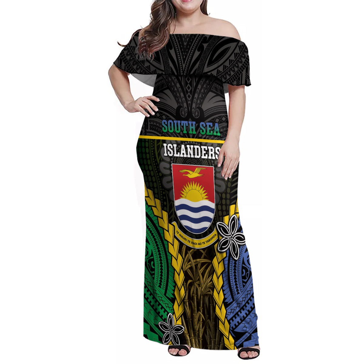 Personalised South Sea Islanders And Gilbert Islands Family Matching Off Shoulder Maxi Dress and Hawaiian Shirt Kanakas Polynesian Pattern LT05 Mom's Dress Black - Polynesian Pride