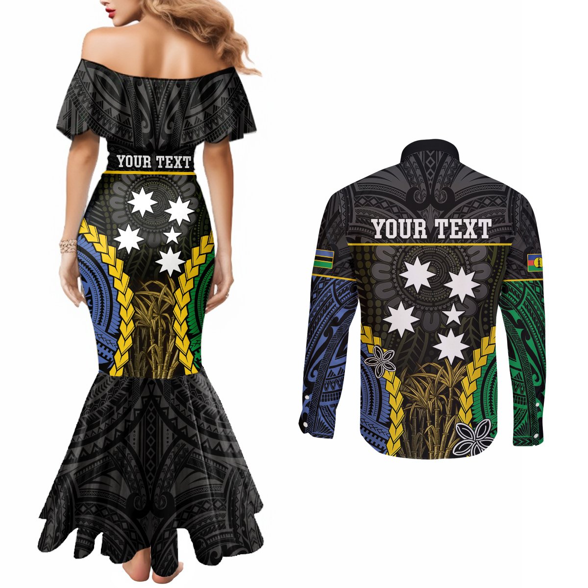 Personalised South Sea Islanders And New Caledonia Couples Matching Mermaid Dress and Long Sleeve Button Shirt Kanakas Polynesian Pattern LT05 - Polynesian Pride