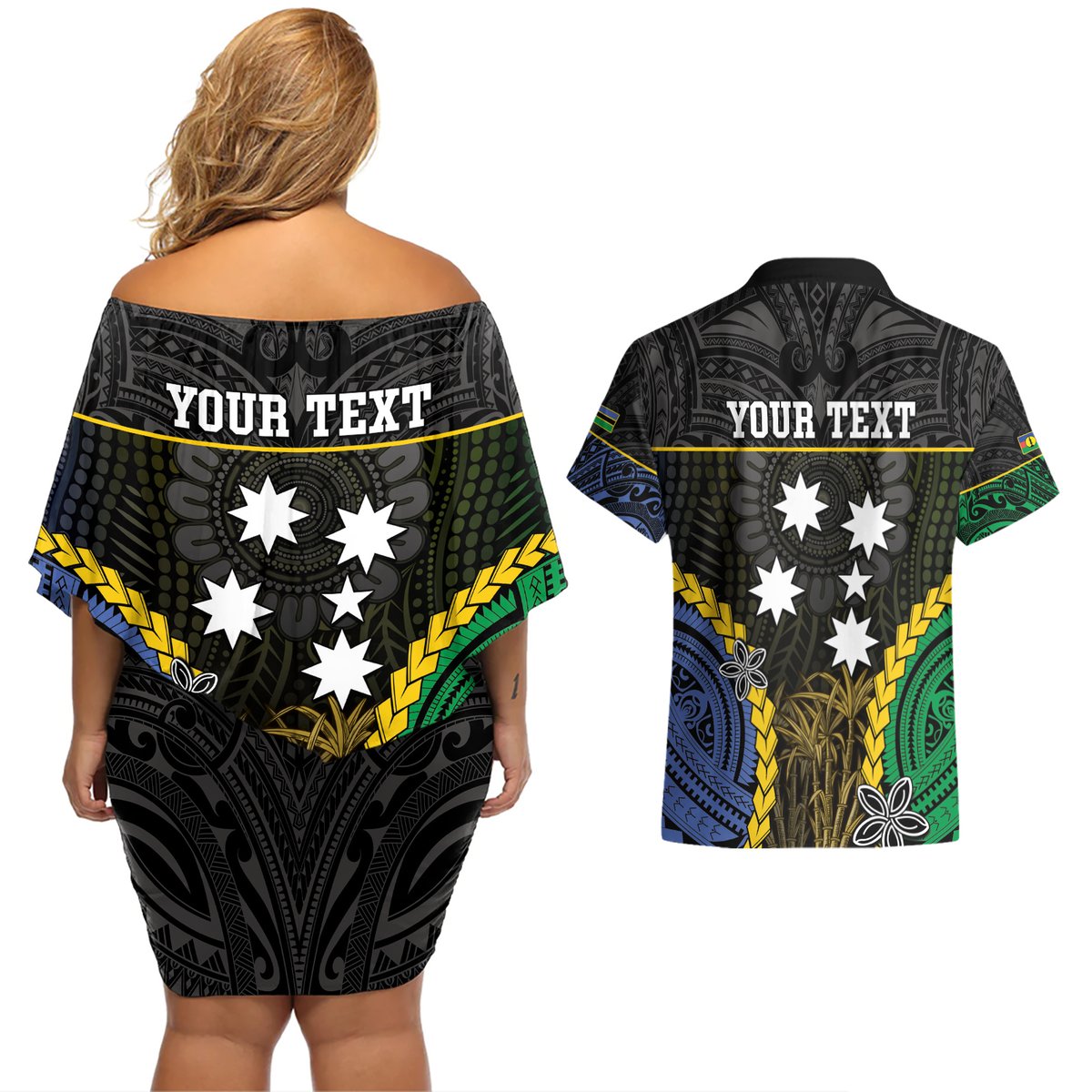 Personalised South Sea Islanders And New Caledonia Couples Matching Off Shoulder Short Dress and Hawaiian Shirt Kanakas Polynesian Pattern LT05 - Polynesian Pride