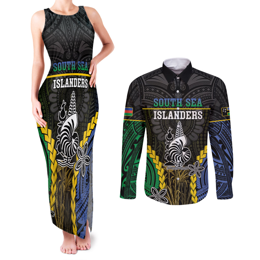 Personalised South Sea Islanders And New Caledonia Couples Matching Tank Maxi Dress and Long Sleeve Button Shirt Kanakas Polynesian Pattern LT05 Black - Polynesian Pride