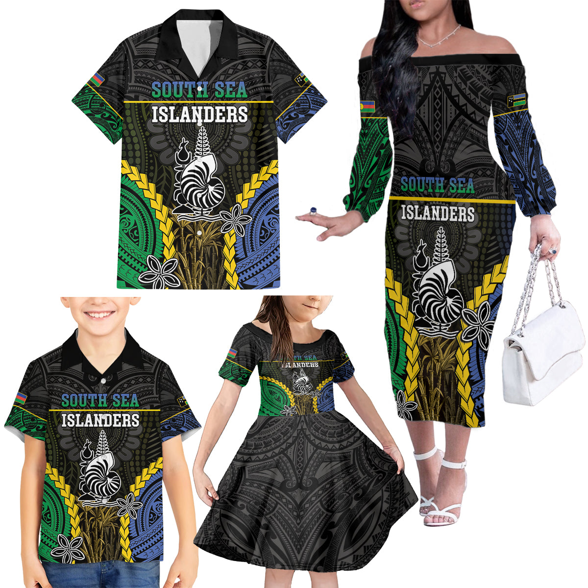 Personalised South Sea Islanders And New Caledonia Family Matching Off The Shoulder Long Sleeve Dress and Hawaiian Shirt Kanakas Polynesian Pattern