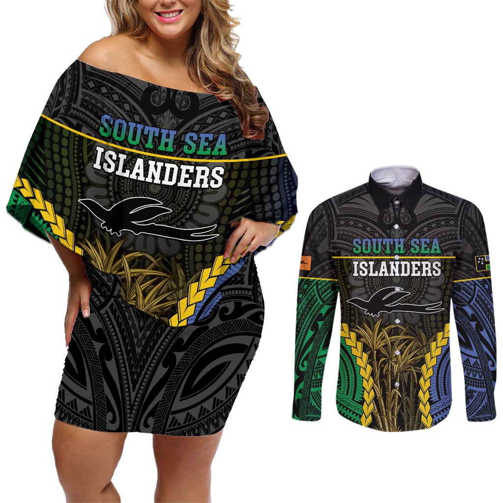 Personalised South Sea Islanders And New Ireland Couples Matching Off Shoulder Short Dress and Long Sleeve Button Shirt Kanakas Polynesian Pattern LT05 Black - Polynesian Pride
