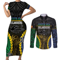 Personalised South Sea Islanders And New Ireland Couples Matching Short Sleeve Bodycon Dress and Long Sleeve Button Shirt Kanakas Polynesian Pattern LT05 Black - Polynesian Pride
