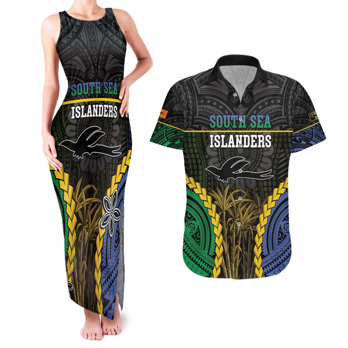 Personalised South Sea Islanders And New Ireland Couples Matching Tank Maxi Dress and Hawaiian Shirt Kanakas Polynesian Pattern LT05 Black - Polynesian Pride